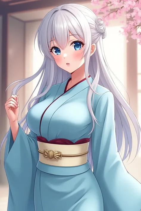 anime woman with pale skin, lapis blue eyes framed by long eyelashes, full pink lips and long, smooth white hair. She has a curvaceous and slender figure with noticeably large breasts. She wore a pale-blue medium-lengthed hōmongi kimono, and a cream-colore...