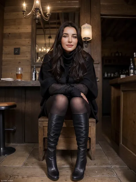 photo dune femme sniper russe complètement habillée avec un sourire heureux, amical et sensuel assise sur un tabouret haut dans un vieux pub anglais en train de boire une pinte de bière, , il fait très froid et elle porte un manteau en cuir dhiver, retour ...