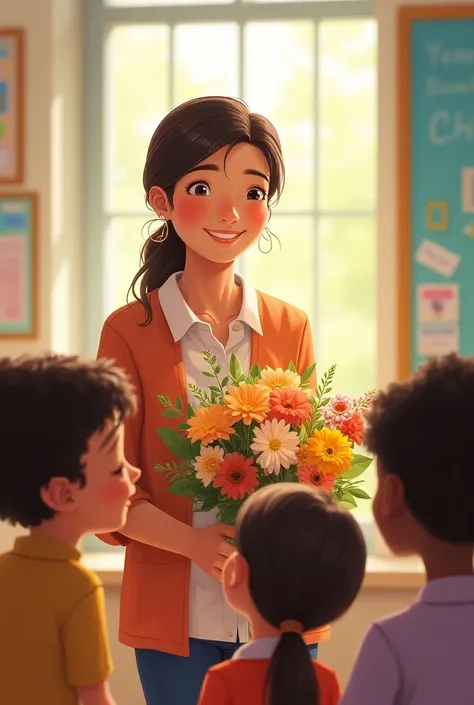 Drawing of a teacher receiving flowers from students