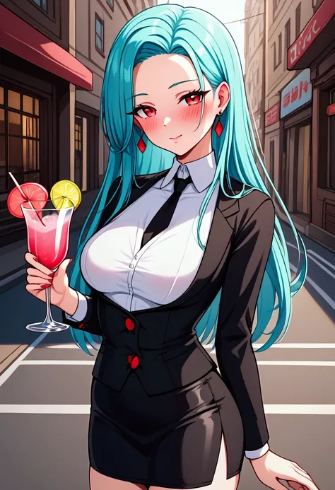 cyan long haired, red_eyes, black earring, white tight sleeve and black short skirt, street_background, she is holding glass of pink cocktail, blush face,