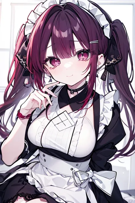  1 girl、 mature、Ample breasts、Long Hair、 long lashes、Beauty、 beautiful face、 white skin、Trimmed bangs、Trimmed hair on both sides of the face、Burgundy Hair、 twin tails、Two braids、Earrings、チャイナMaid、 Chinese clothes、Maid、 lace fabric、 sexy、 sexyな衣装、Miniskirt、...