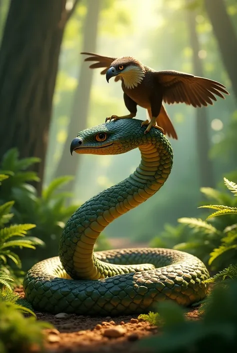 3D pixar style There is a dangerous snake sitting in a forest and an big eagle has come and sat on its head.