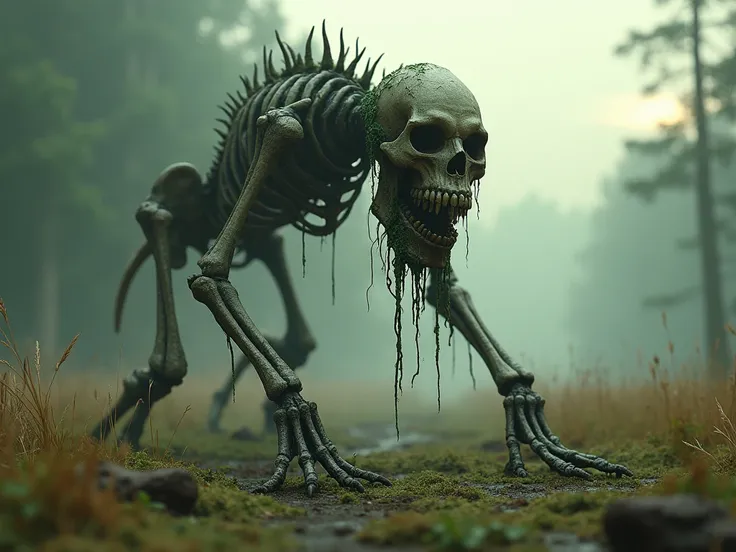 Rotten, wet monstrous skeleton covered in algae creeping across an open field, threatening, surrealist, dark fantasy, dramatic light, by Aitor Throup, forest at dawn