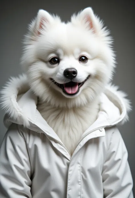 a 184cm man in a white white coat with a white pomeranian face、 pomeranian with a white face 、the white coat has an open front 、...