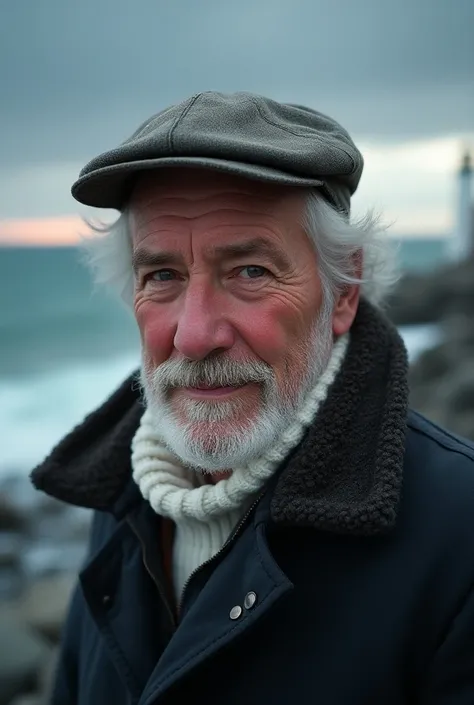 face portrait of an rugged (old fisherman:1.3), (face focus:1.5), (storm:1.2), (waves:1.3), ocean, (lighthouse background:1.3), (cowboy shot:1.4), (white turtleneck knitted sweater:1.3), looking at viewer, realistic, masterpiece, highest quality, backlight...