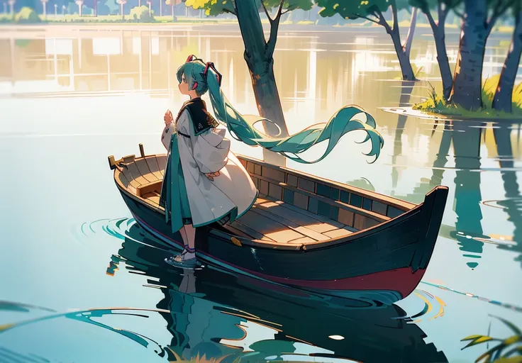 score_9, score_8_up, (masterpiece:1.2), (best quality:1.2), (digital illustration:1.2), intricate details, clean line art, (Hatsune Miku:1.3), (1girl:1.4), Ahoge, aqua eyes, aqua hair, long hair twintails, (standing in a small traditional boat on a lake:1....