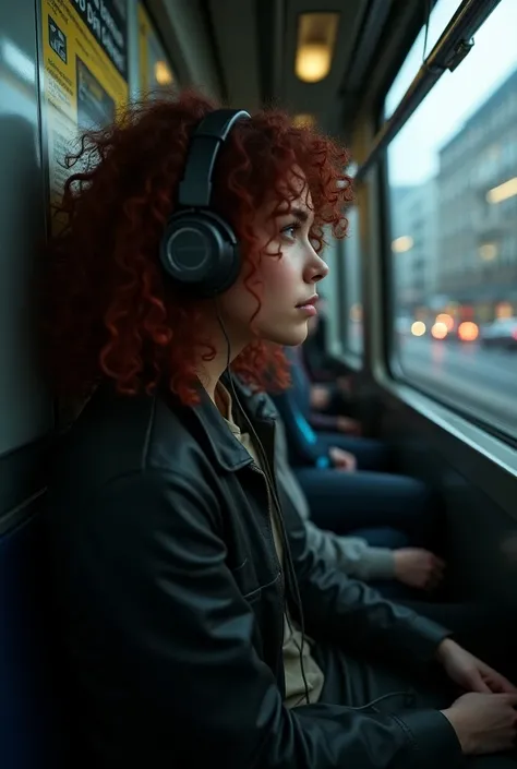 Make an image of a girl sitting on a subway subway in profile with curly hair half straight red with headset