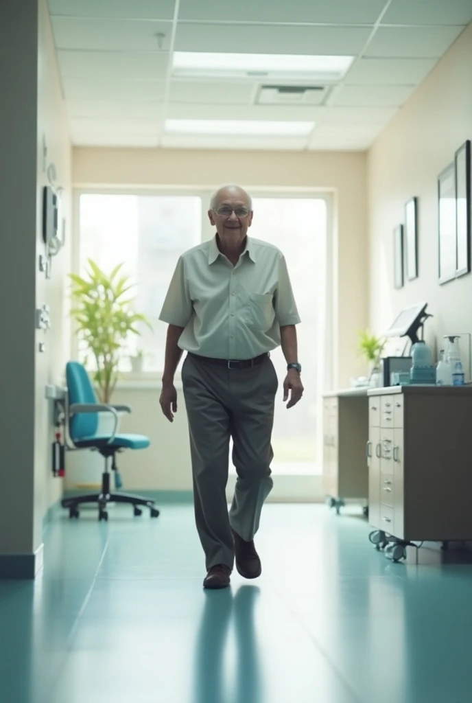 An older adult walking inside a clinic room