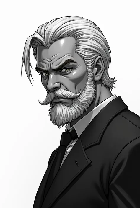 Black and white illustration of a realistic anime style male character with a beard and mustache, portrayed from the top of the head to the torso, with white background. Black and white illustration of a realistic anime style male character, portrayed from...