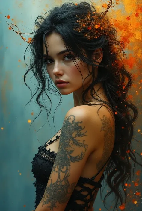 Gorgeous woman in a fantasy world, Luis Royo, Colored ink splashes, Biopunk Fantasy, super realism with super detail in 32K, divine proportions, complex and cinematic, with stunning atmosphere and high detail, fantastic realism and sharp focus, mysterious ...