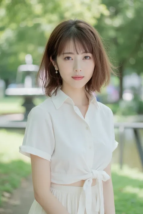 (Extremely detailed 8k image quality), (masterpiece), (Top quality), (Ultra Detailed), (Realist), (Depth of Field), (Natural soft lighting), Ultra-high resolution, (Eyes Details),Japanese Girls１、1、very cute、((In a park with a fountain))、Fluffy brown hair、M...