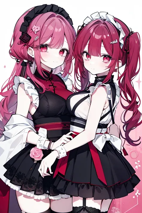  1 girl、 mature、Ample breasts、Long Hair、 long lashes、Beauty、 beautiful face、 white skin、 red eyeshadow、Trimmed bangs、Trimmed hair on both sides of the face、Burgundy Hair、 twin tails、2つの Had、Earrings、チャイナMaid、 Chinese clothes、Maid、 lace fabric、 sexy、 sexyな衣...