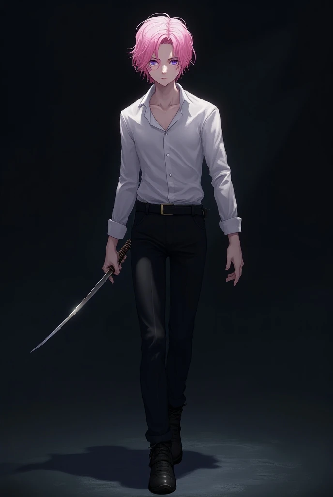 Young male character without a beard purple and pink eyes with large pink hair white dress blouse smooth black pants and boots die dark tall removing a sabre from the shadows