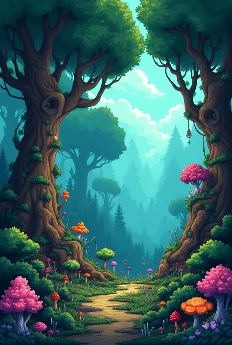 Create a forest landscape in the style of a terraria game with all sorts of strange creatures 