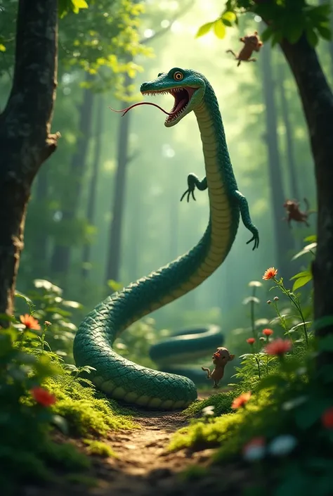 3D pixar style A big snake is running away in fear in a forest.