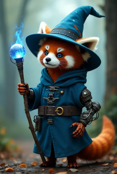 A red panda with a blue wizard hat and robe with a robot arm holding a robotic staff made of care parts like exhaust pipes glowing with blue energy. they have glowing blue eyes 