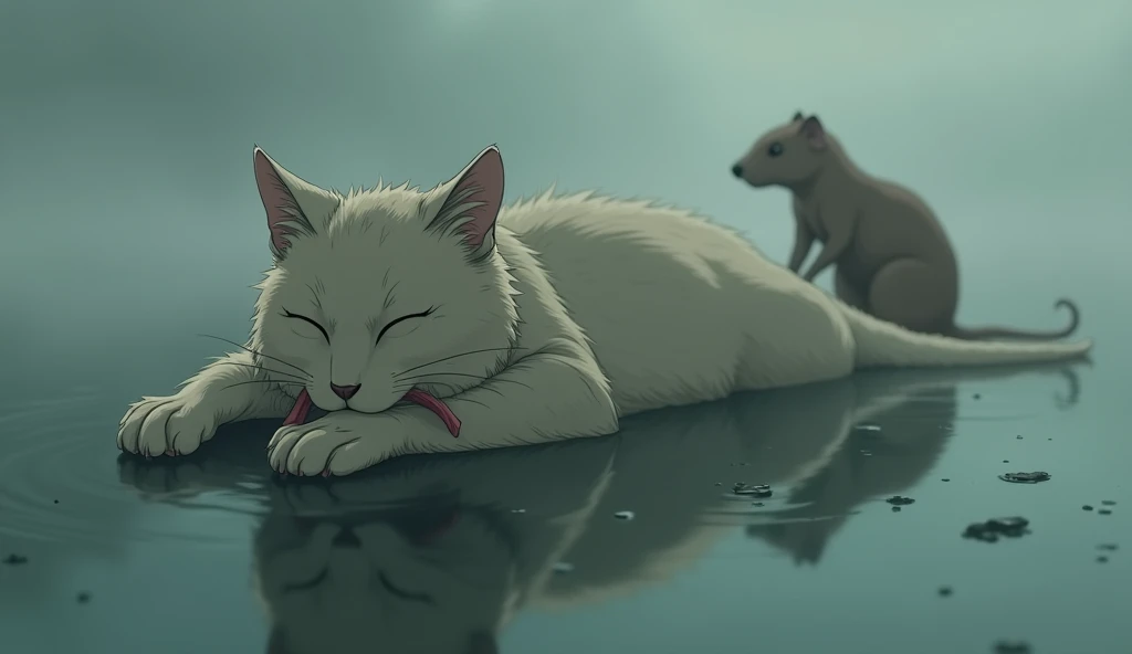 Anime picture of a choking cat resting on water. A brown rat is tired of being chased