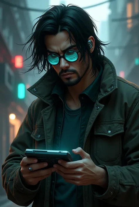 Cyberpunk illustration of a below-average Hispanic man, long disheveled black hair , jacket, glasses with cyan lenses ,  with neural implants behind the ear holding a cyberdeck