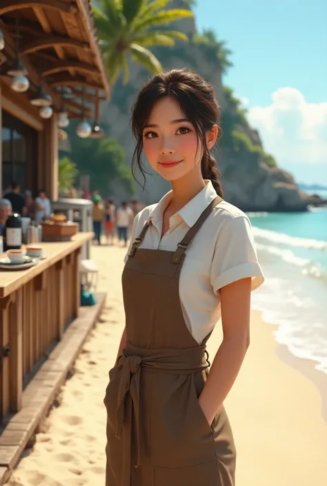 Girl in bikini on beach make the girl older make the girl working in a coffee shop