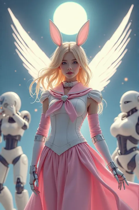 1 mechanical girl: 1.4, Sailor Moon, white mechanical arm, humanoid body, pink sailor suit, good-looking face, sailor Moon, moon hare, rabbit ears, mechanical ears, white blouse, blonde hair, mechanical arm, pink skirt, side, heart-shaped robot in the back...