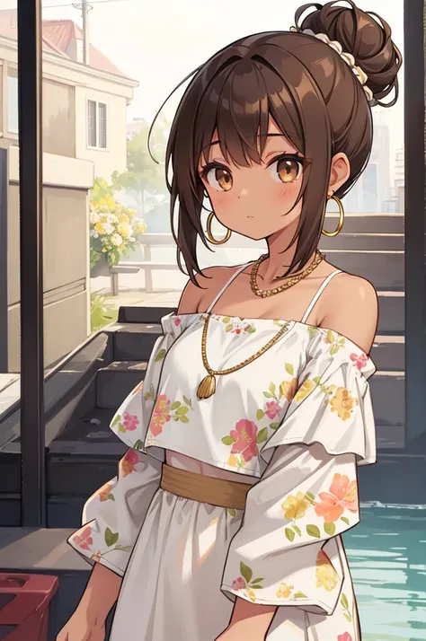 1girl, solo, upper body, long hair, low messy bun, dark brown hair, warm brown eyes, light tan skin, off-shoulder top, white color, loose fit, floral patterns, delicate necklace, small hoop earrings, casual style
