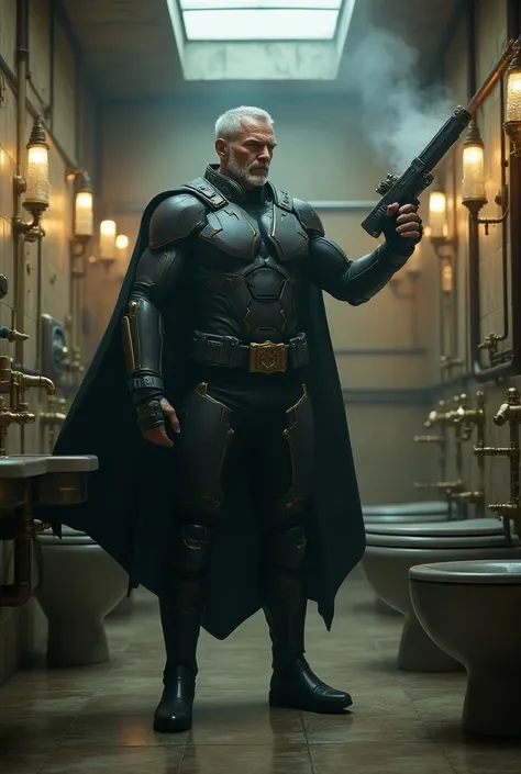 A middle aged man, superhero, In which the power /Silicone is a special weapon with a silicone gun in hand for steampunk-style bathroom joints 