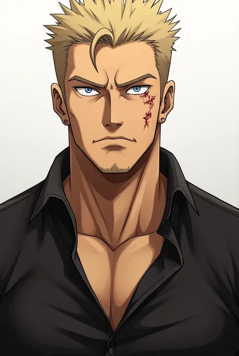 Alone,  high resolution image, blue eyes, Blonde hair, Closed mouth,  high resolution image,  best quality , Necessary, detail, Blonde hair,  plain background,  Anime style, anime, man,  serious expression , some scars on the face, leather shirt,  muscular...