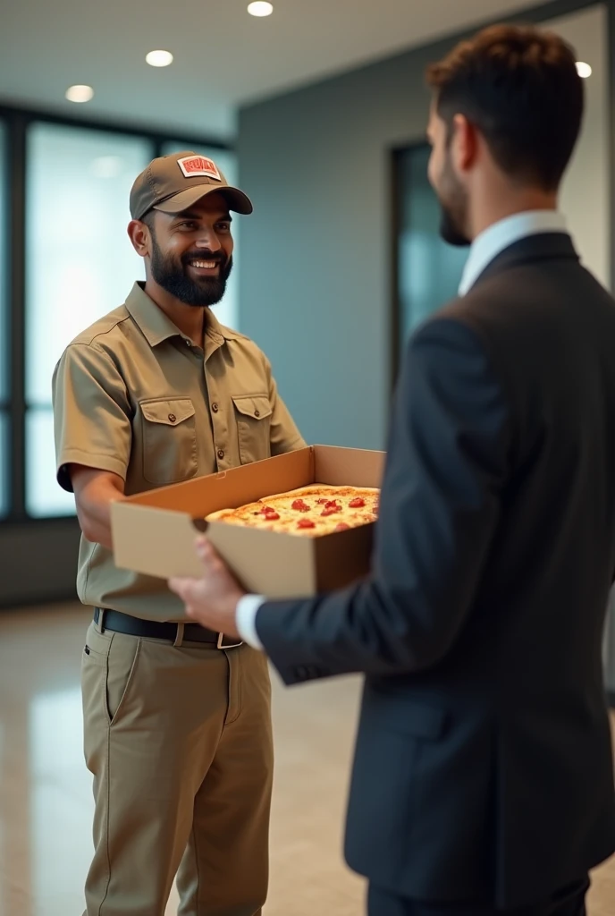 A indian delivery guy delivered pizza to a business man