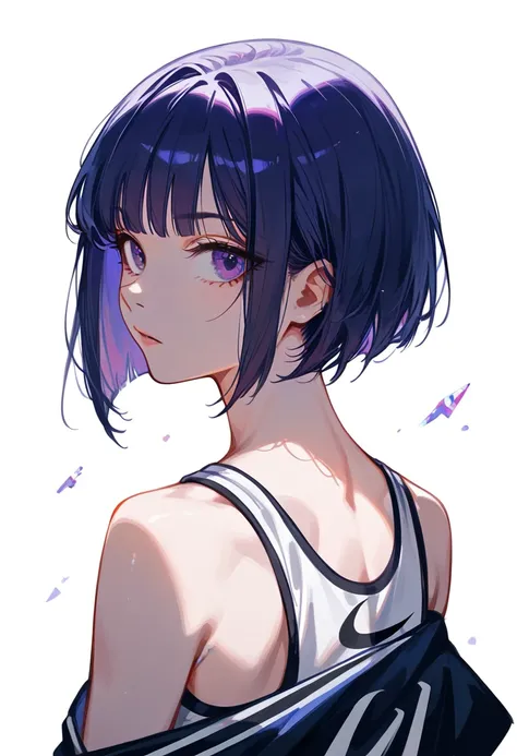 1girl, solo, exposed back, upper body, bob hair, short hair, short bob hair, ((bob cut:1.5)), haircut, undercut, bobbed hair, minibob, buzz hair cut, purple eyes, streetwear, nike