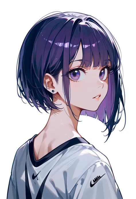 1girl, solo, exposed back, upper body, bob hair, short hair, short bob hair, ((bob cut:1.5)), haircut, undercut, bobbed hair, minibob, buzz hair cut, purple eyes, streetwear, nike