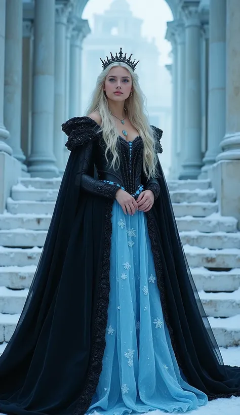 Snow Queen black，Ice blue skirt，Small Queen&#39;s Crown，Long blond hair，Sha blue eyes，anger，Ice Palace Stairs Background，Unleash Blizzard Magic,Extremely high resolution,Full body portrait,Upper Body,close up