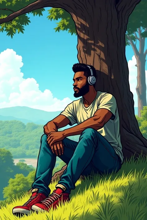 Create comic book studio-style image
26-year-old black man with a low beard and earphones sitting and leaning against the bottom of a tall, wide tree at the top of a hill