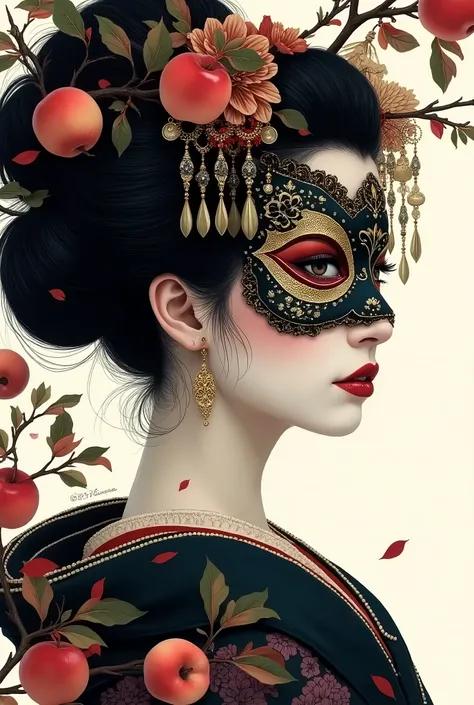  A geisha with half a Hannah mask split on the right side placed on the left side of the geisha looking to the right with a profile face decorated with Japanese costume jewelry and apple branches in the background, all with a blackwork illustration style 