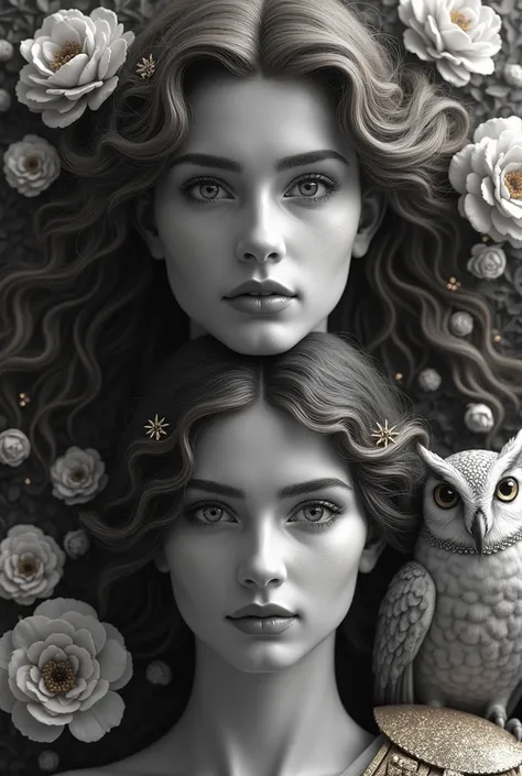  I want the face of the goddess Aphrodite with red hair on top and the face of the goddess Athena with dark brown hair,  green eyes and below with armor and the owl on her shoulder . Around me I want flowers and lots of gold . Give me the black and white i...