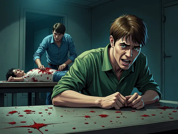 plano general, Brown-haired man green shirt hidden behind a table ,  scared seeing a dark-haired man in a blue shirt cutting the guts of dead people on another table. comic type, anime