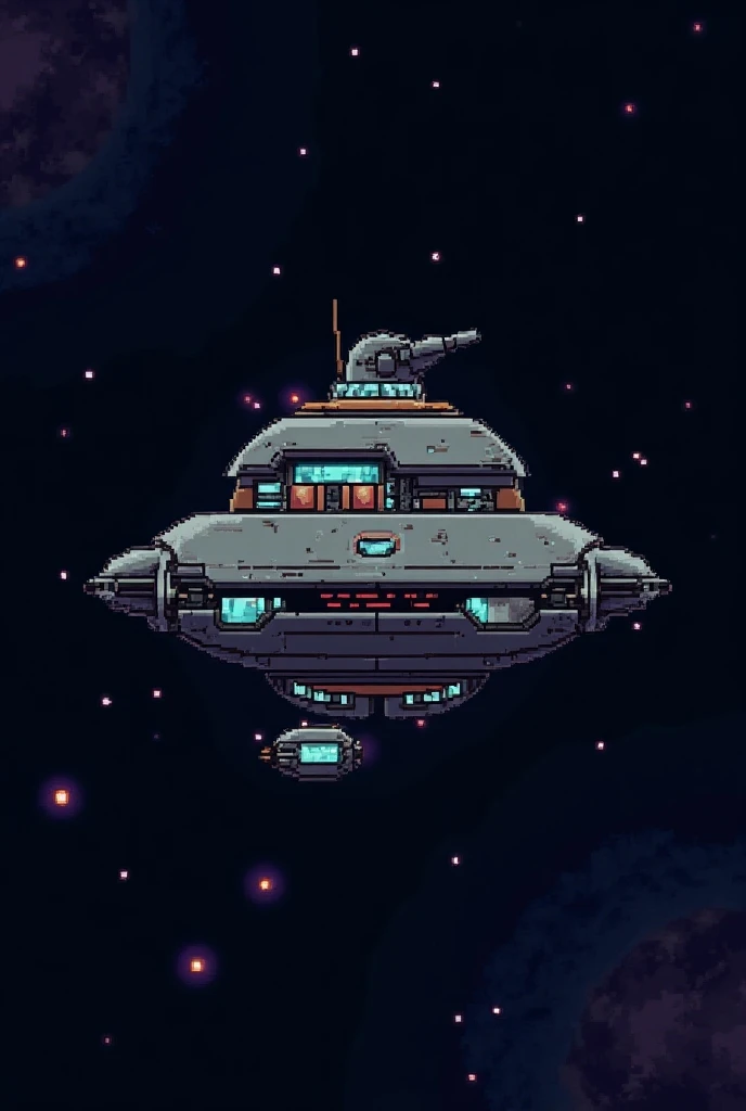 Create a home in space in the style of a terraria game with flying saucers 