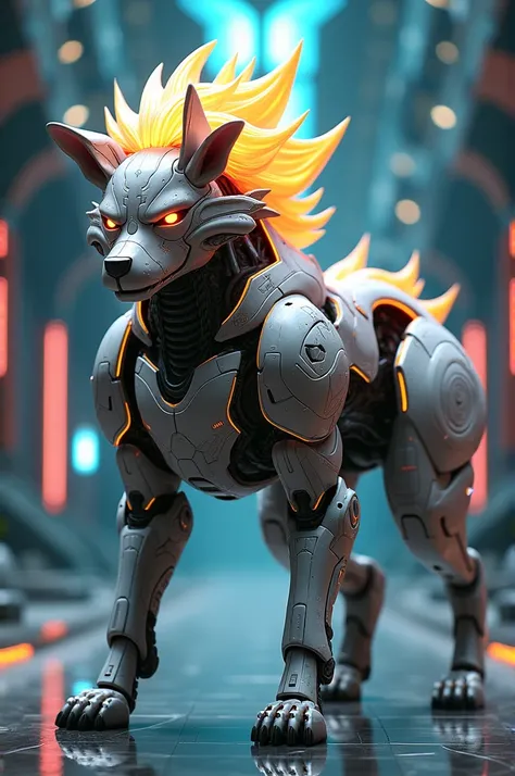 High tech robot dog that looks like a Saiyan from Dragonball
