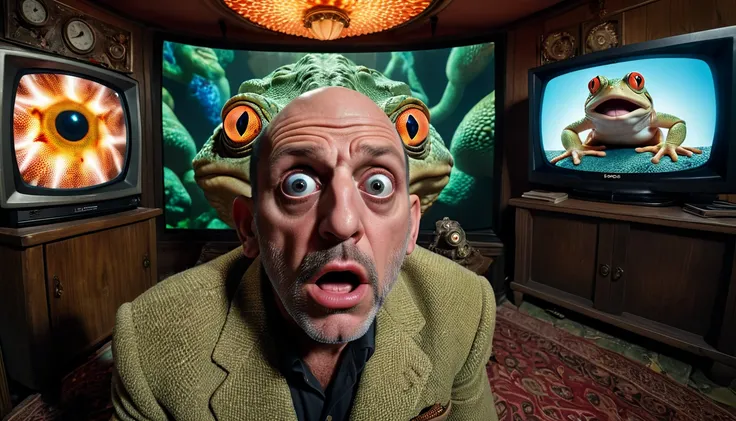 a fisheye photograph of a brainwashed man citizen in a maximalist photograph sitting with hypnotoad hypnotized eyes in a cough watching a giant TV with news on, confused, scared, dodge and burn, hyperrealistic, rugged, 32K details