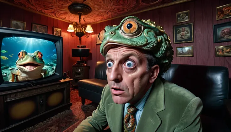 a fisheye photograph of a brainwashed man citizen in a maximalist photograph sitting with hypnotoad hypnotized eyes in a cough watching a giant TV with news on, confused, scared, dodge and burn, hyperrealistic, rugged, 32K details