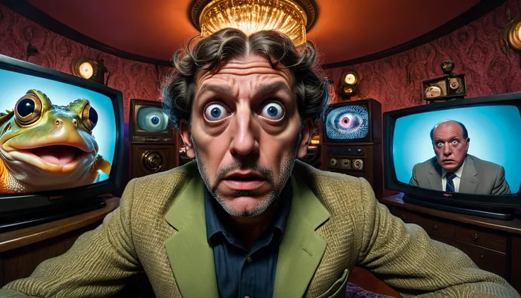 a fisheye photograph of a brainwashed man citizen in a maximalist photograph sitting with hypnotoad hypnotized eyes in a cough watching a giant TV with news on, confused, scared, dodge and burn, hyperrealistic, rugged, 32K details