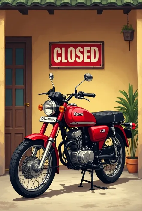 Garage with motorcycle Honda CB 110 for homes , notice of closed ,  flayer format ,  colors red beige and black 
