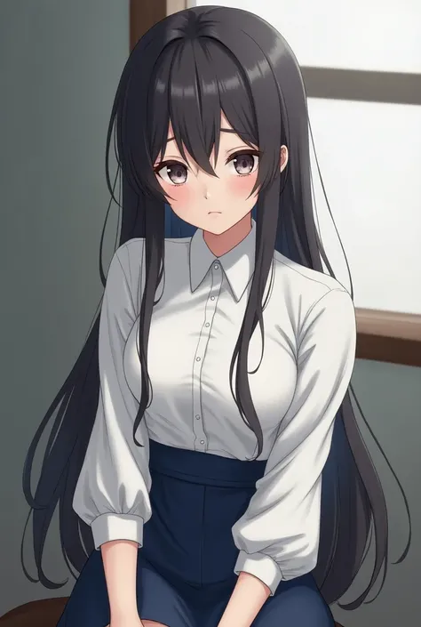 anime girl long hair white shirt puff sleeve navy skirt long eye liner cool eye boring face sit