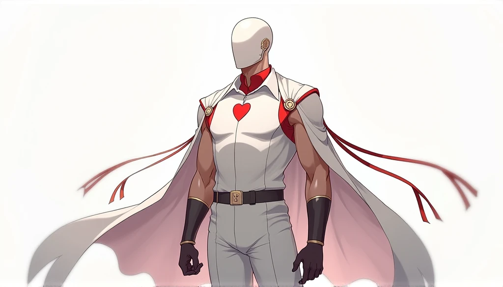 "Create a refined illustration of the Knight of Cups, a dignified and powerful character wearing a formal, white uniform with red accents and a distinctive red heart symbol on the chest. His face is fully covered by a plain white mask with a red heart at t...