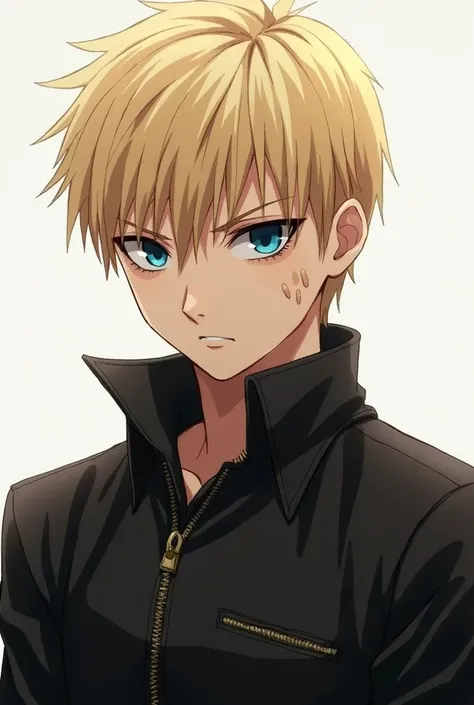 Alone,  high resolution image, blue eyes, Blonde hair, Closed mouth,  high resolution image,  best quality , Necessary, detail, Blonde hair,  plain background,  Anime style, anime,  teenager,  serious expression , some scars on the face, leather shirt,  mu...