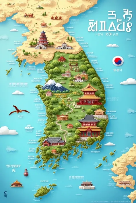 make a photo of south korea map with its historical places art form with english names