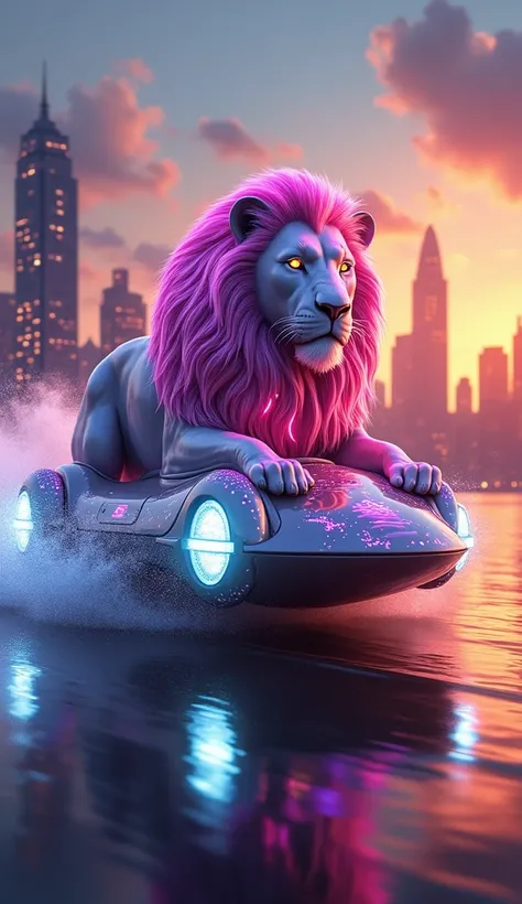 "A majestic lion with the body of a futuristic hovercraft, its mane flowing with vibrant neon lights. The lions head remains regal and lifelike, exuding power and grace, while its body transitions into a sleek, aerodynamic vehicle. The hovercraft’s smooth ...