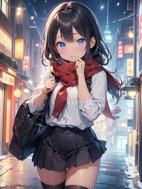 (((masterpiece,  Hi-Res, Best Quality,  anatomically correct ,  high detail,  Ultra High Definition,)))、（high angle 1 .5）、（view from above 1 ,3）、See her from above 、kawaii、JK、Winter uniform、 Its Snowing 、Snow Scene、 in the city at night、black cardigan 、sca...