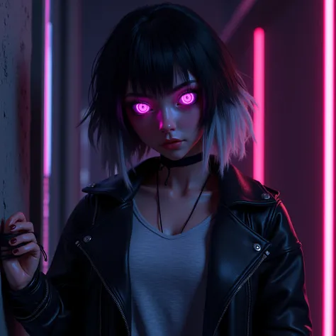 GTA design, 3D, Beautiful girl with black and white hair, big neon purple eyes, Russian, in a T-shirt and leather jacket, dark room, black background, night, neon, hands tied with rope,