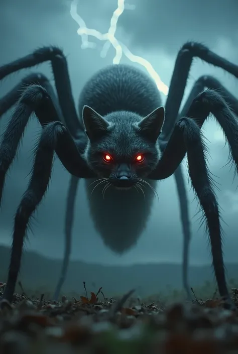 Create a high-resolution image of a giant, colossal, fusion between a fox and a spider. The head will have characteristics of a fox, the body will have more characteristics of a black widow spider, with a foxs tail.
Cinematic image, 4k, Image with a myster...