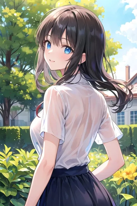 ((Best Quality)), ((masterpiece)), (  Details), ,  Black Hair ,( ish face ), (Long Hair),  girl,  breast, Tops, (( blue eyes)),Half-laugh ,sunlight, (close_up) , Sheer shirt , ( my back is crooked) , River bank, garden,(See-through shirt),Sheer shirt ,